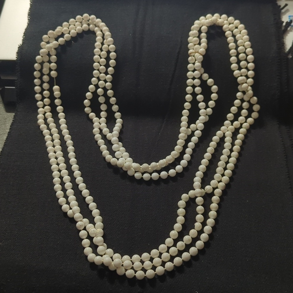Vintage White Plastic Long Layered Multi Strand Statement Necklace